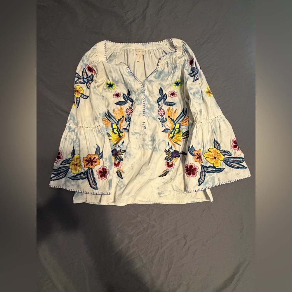 Chico's White Embroidered Bell-Sleeve Floral Blouse